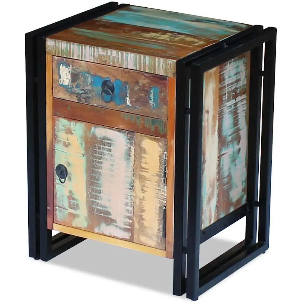 Vintage Style Bedside Cabinet Solid Reclaimed Wood Multicolour Steel Frame Nightstand with Storage Drawer and Door Compartment