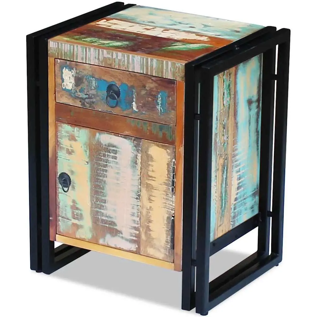Vintage Style Bedside Cabinet Solid Reclaimed Wood Multicolour Steel Frame Nightstand with Storage Drawer and Door Compartment