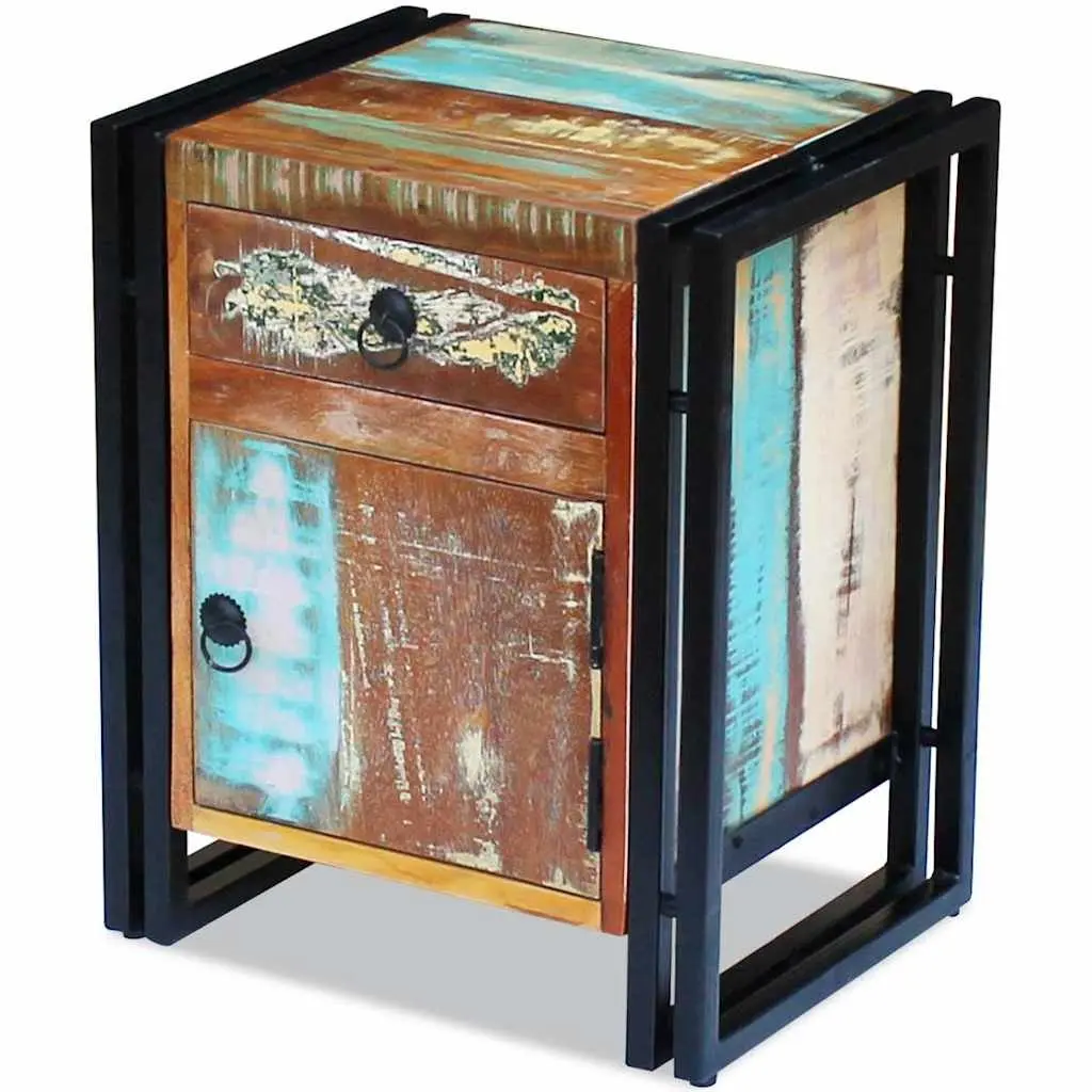 Vintage Style Bedside Cabinet Solid Reclaimed Wood Multicolour Steel Frame Nightstand with Storage Drawer and Door Compartment
