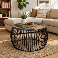 68cm Round Coffee Table Solid Reclaimed Wood Construction