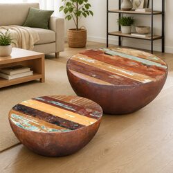 Reclaimed Wood Coffee Table Set with Bowl Shape Design