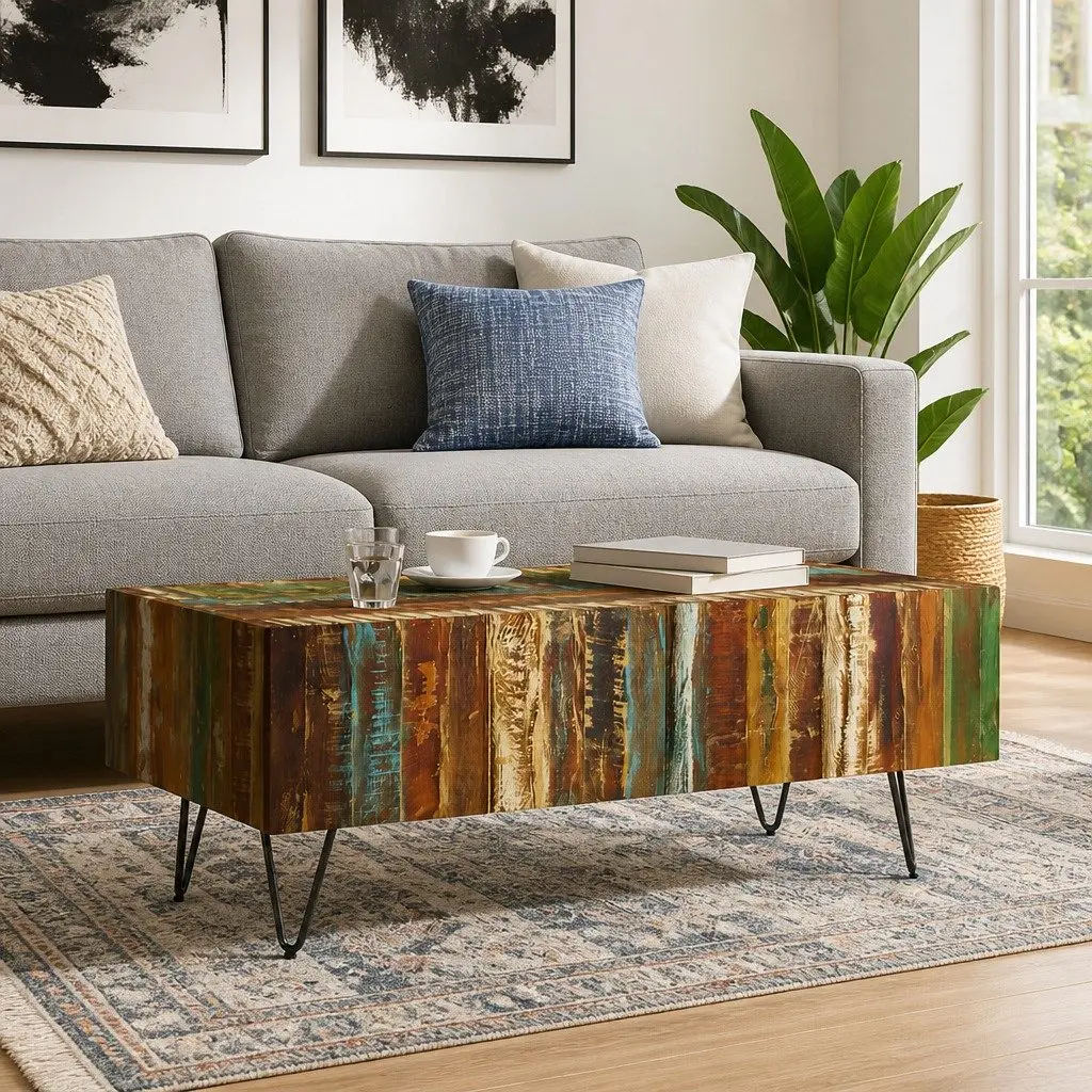 Coffee Table Handmade Retro Style Solid Reclaimed Wood Multicolour 100 x 50 x 38 cm