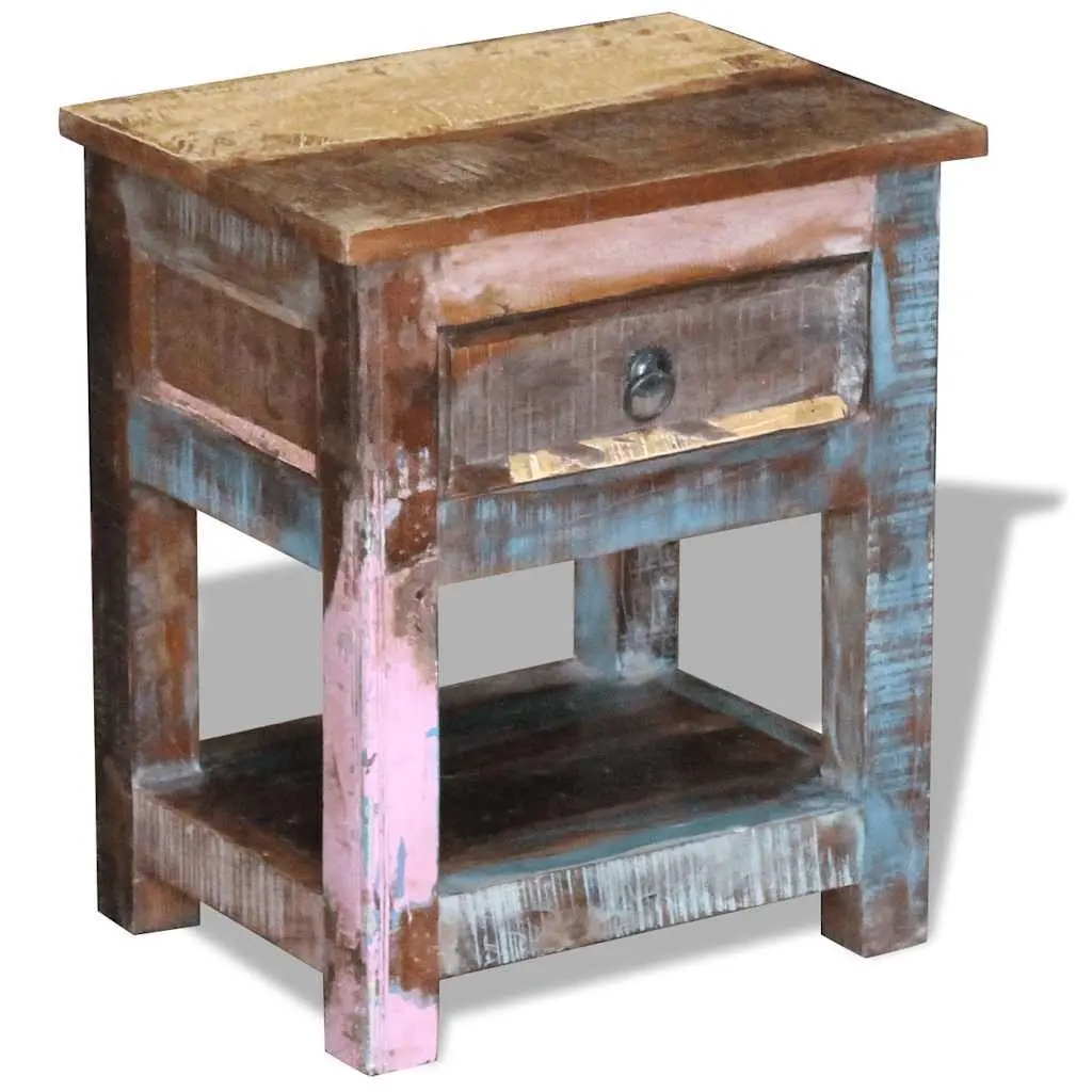 End Table with Drawer Handmade Solid Reclaimed Wood Retro Style 43W x 33D x 51H cm Multicolour