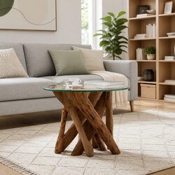 Solid Teak Base Coffee Table with Tempered Glass Top