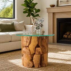 Driftwood Base Coffee Table with Tempered Glass Top