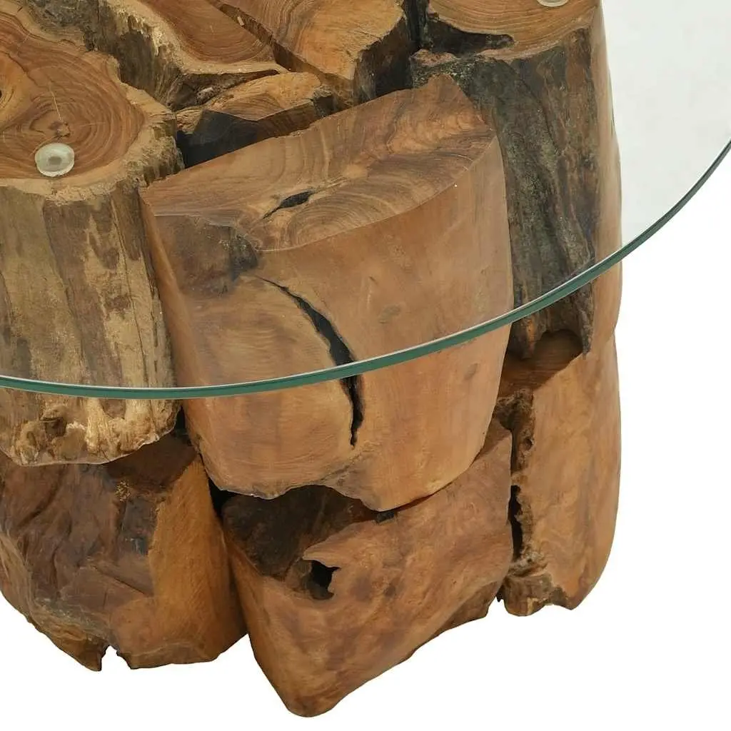 Rustic Handmade Coffee Table 60cm Brown Driftwood Base Tempered Glass Top