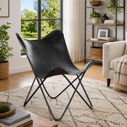 Black Leather Vintage Butterfly Chair with Iron Frame