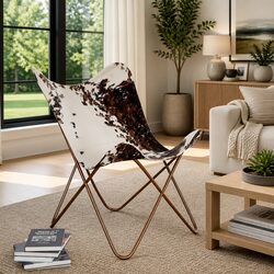 Butterfly Chair in Brown White Cowhide Leather
