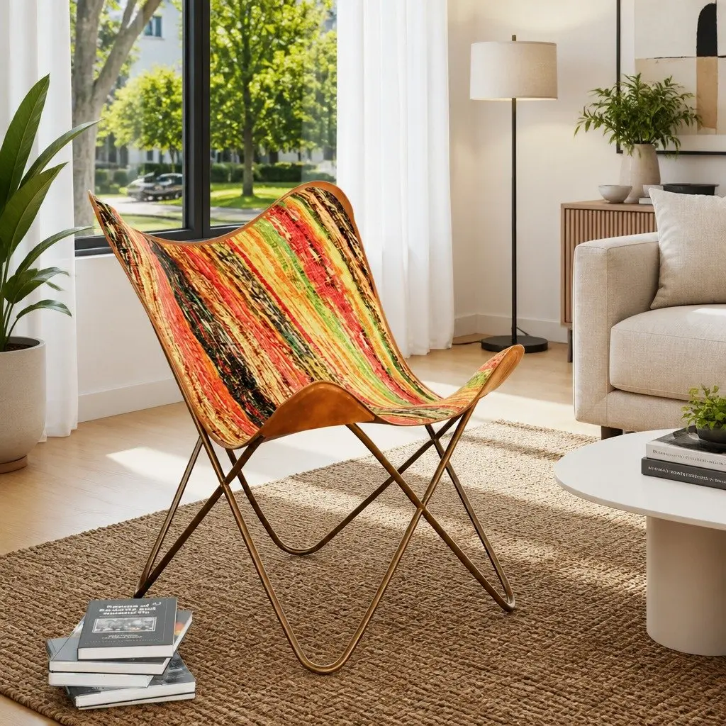 Butterfly Chair Ergonomic Relaxation Multicolour Chindi Fabric Iron Frame
