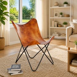 Vintage Brown Leather Butterfly Chair with Iron Frame