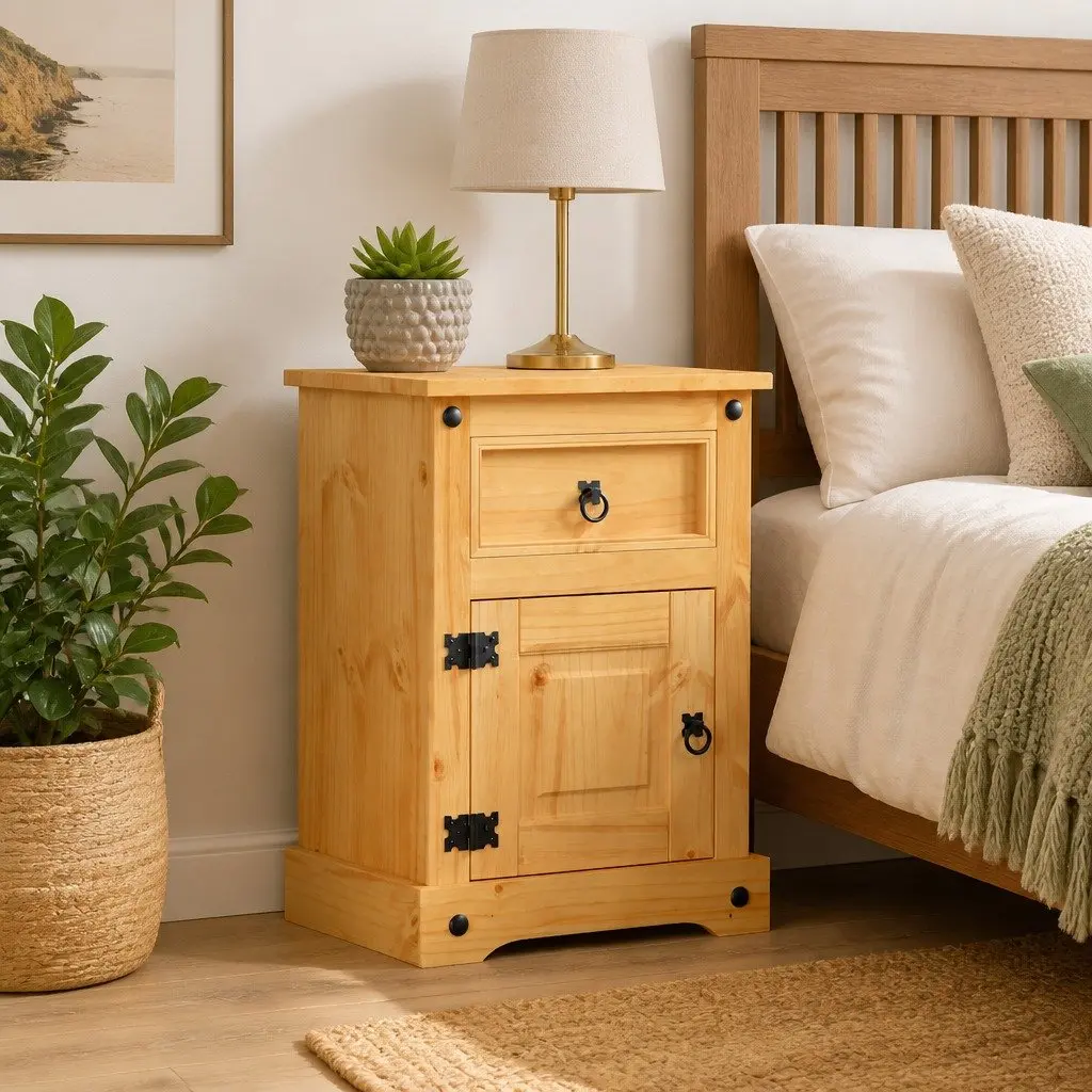 Bedside Table Rustic Convenience Brown Waxed Pinewood with Black Metal Accents