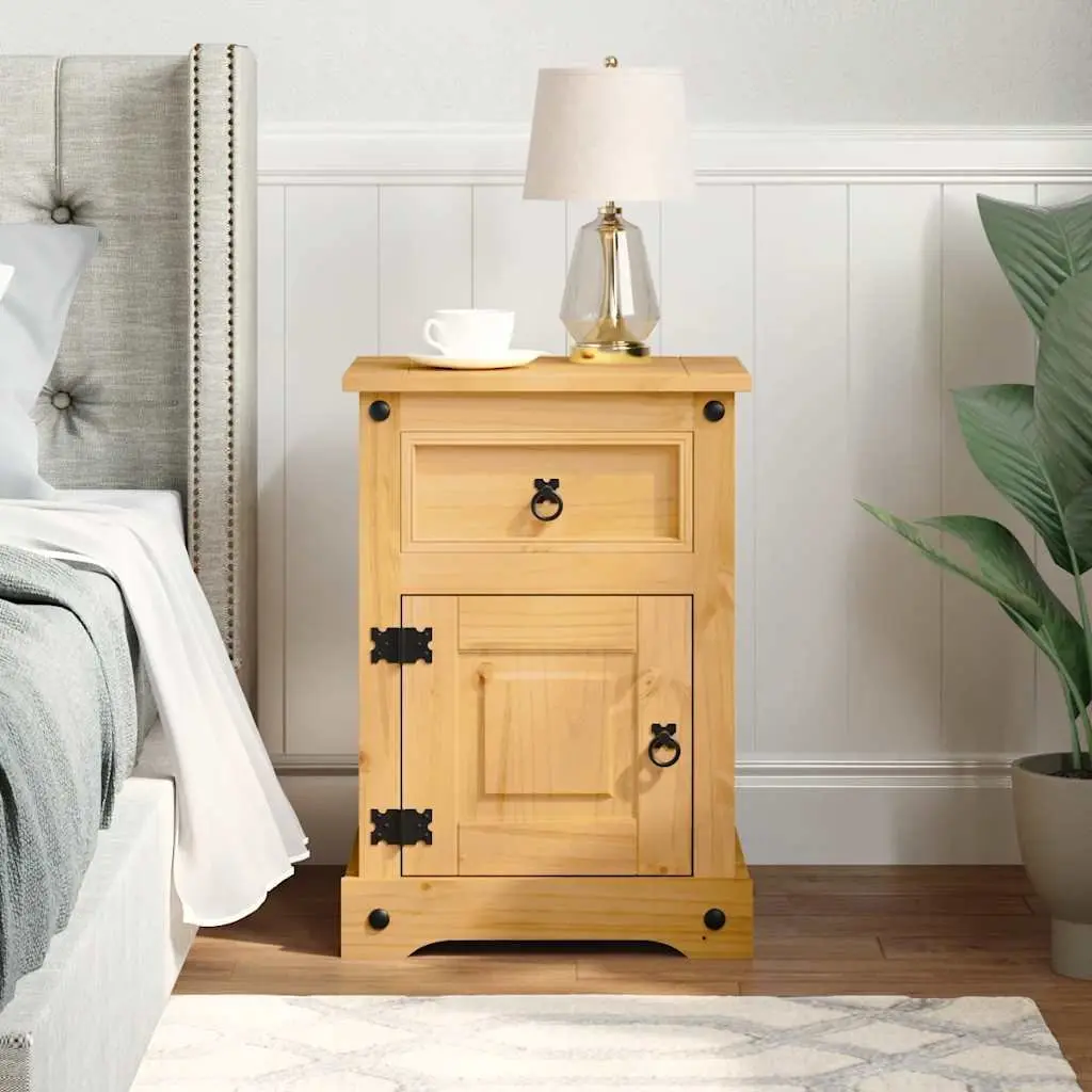 Bedside Table Rustic Convenience Brown Waxed Pinewood with Black Metal Accents