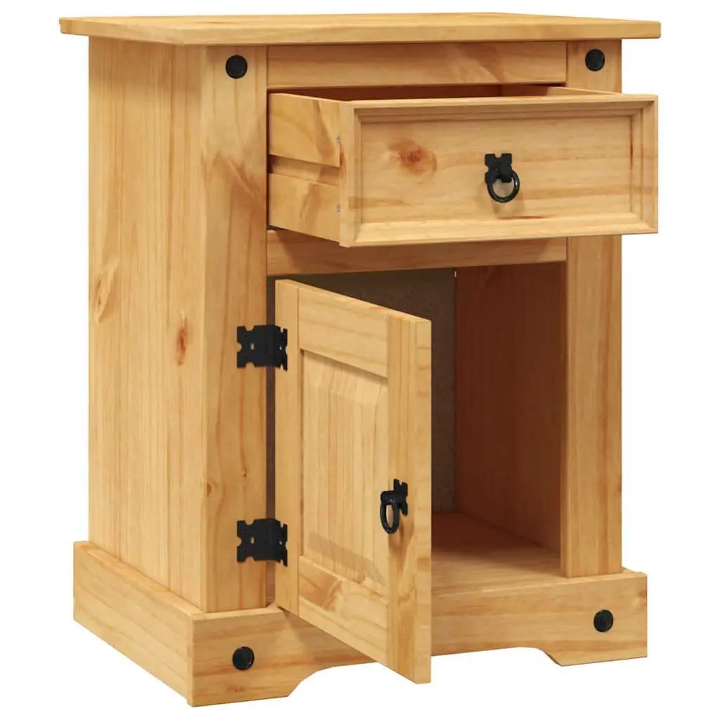 Bedside Table Rustic Convenience Brown Waxed Pinewood with Black Metal Accents