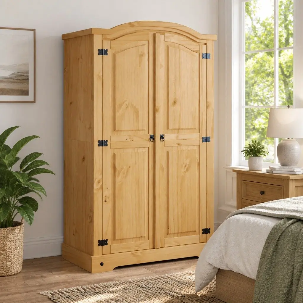 Wooden Wardrobe 2 Doors Storage Brown Pine Mexican Corona Style