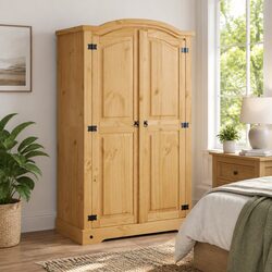 2-Door Wooden Wardrobe in Brown Pine, Mexican Corona Style