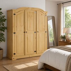 3-Door Wooden Wardrobe in Waxed Pine with Black Metal