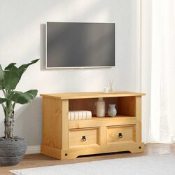 Solid Pinewood TV Cabinet with Storage Drawers and Open Shelf