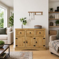 Pinewood Storage Cabinet with 3 Doors and Drawers