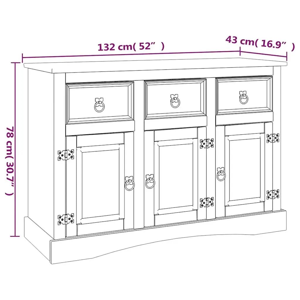Sideboard Solid Pinewood Storage Cabinet Ample Space 3 Doors Brown
