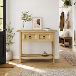 Pinewood Console Table with Two Drawers and One Shelf