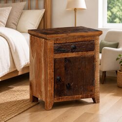 Acacia Reclaimed Wood Bedside Table with Drawer and Cabinet