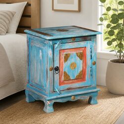 Blue Indian Style Nightstand with Solid Mango Wood Cabinet