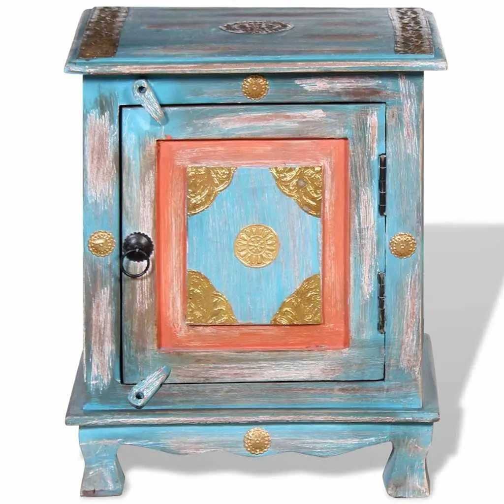 Bedside Table Solid Mango Wood Cabinet Indian Style Blue Nightstand