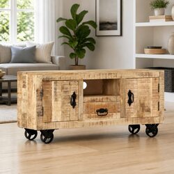 Industrial Wooden TV Cabinet with Storage and Mobility Features