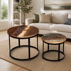 Industrial Round Coffee Table Set with Reclaimed Wood