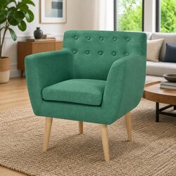 Green Fabric Upholstered Armchair with Wooden Frame