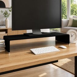 Black Glass TV Stand Monitor Riser 80x30x13cm