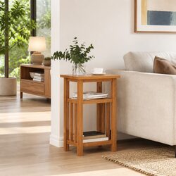 Brown End Table with Magazine Shelf, Solid Oak Wood