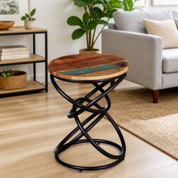 Reclaimed Wood End Table with Iron Frame for Versatile Use