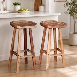 2-Piece Brown Solid Acacia Wood Bar Stool Set