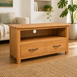 Solid Oak TV Cabinet with Open Compartment and Drawer
