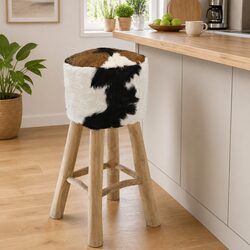 Bar Stool with Goat Leather Seat and Solid Teak Frame