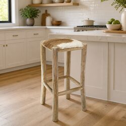 Bar Stool with Goatskin Leather and Teak Wood Frame