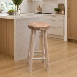 Teak Wood Bar Stool with Rustic Design and Curved Legs
