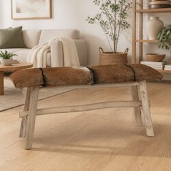 Multicolour Goat Leather Bench with Solid Teak Frame