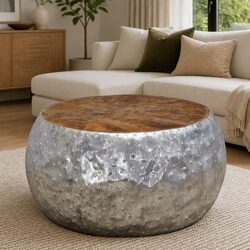 Round Coffee Table with Aluminium Frame and Teak Top 60x60x30cm