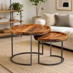 Set of 2 Solid Mango Wood Side Tables with Wrought Iron Frame