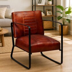 Brown Goat Leather Lounge Chair with Steel Frame