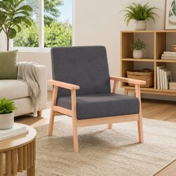 Dark Grey Fabric Armchair with Solid Wooden Frame