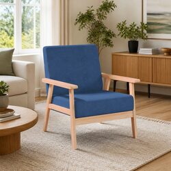 Blue Fabric Armchair with Solid Wooden Frame and Foam Padding