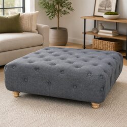 Dark Grey Pouffe Ottoman with Wooden Frame and Rubberwood Feet