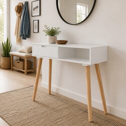 Compact White Console Table with Solid Pinewood Frame