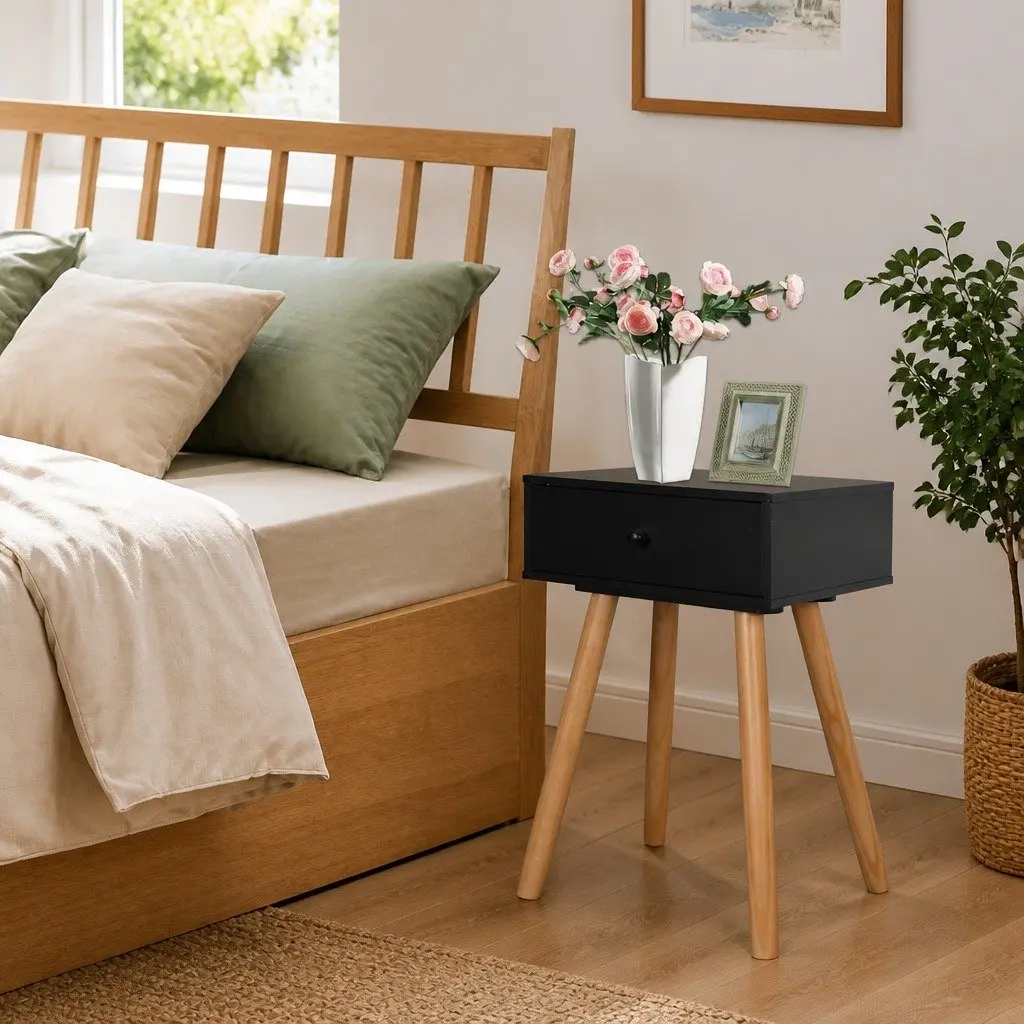 Bedside Tables Compact Solid Pinewood Nightstands Black 2 Piece Set