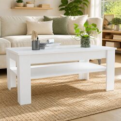 White Coffee Table with Lower Shelf and Storage Drawer