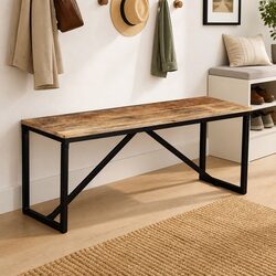 Solid Mango Wood Bench with Steel Legs for Entryway
