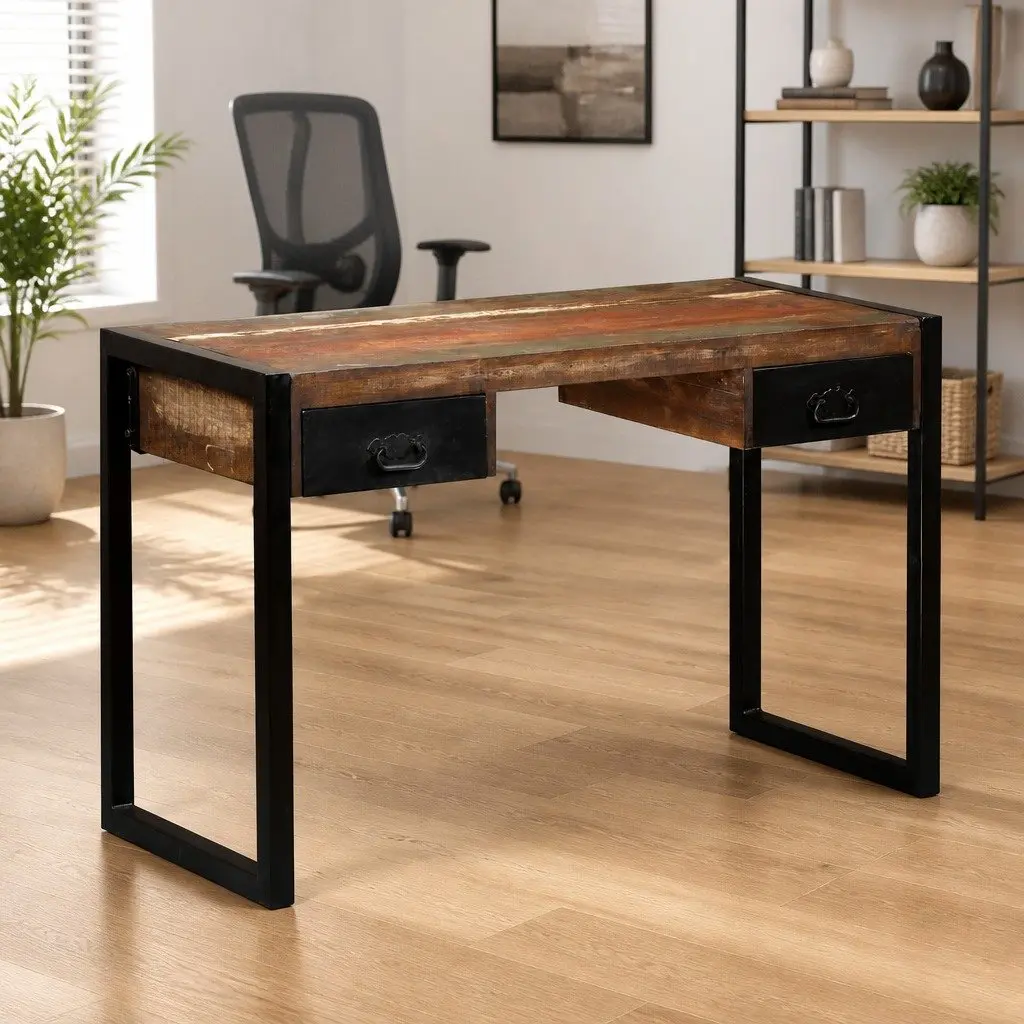 Desk with 2 Drawers Vintage Solid Reclaimed Wood Industrial 120W x 50D x 76H cm Multicolour